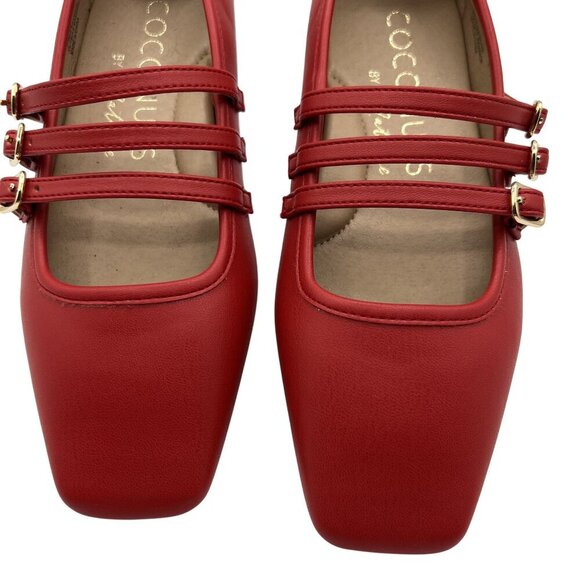 Coconuts New By Matisse 6 Red Triple Strap Mary Jane Ballet Flats Square Toe - Picture 3 of 10